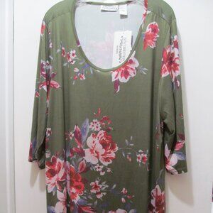 NWT New Direction Olive Green Floral Top ~ Size 3X ~ So pretty!